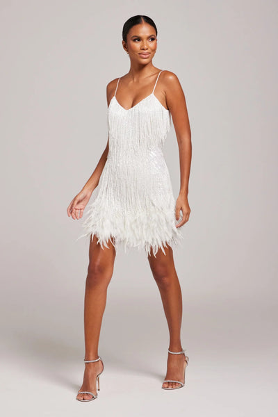 Ariana - Fringe & feather party mini dress