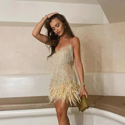 Ariana - Fringe & feather party mini dress