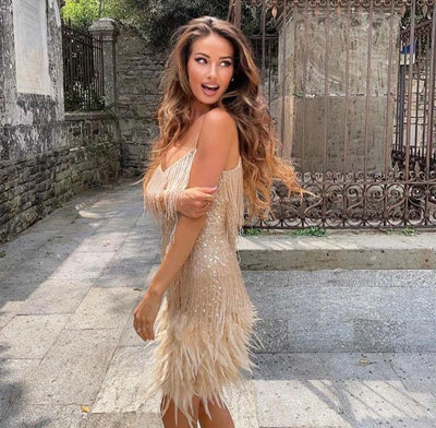 Ariana - Fringe & feather party mini dress