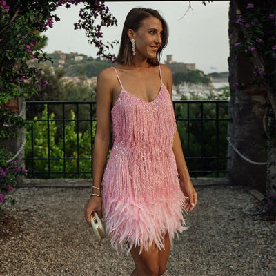 Ariana - Fringe & feather party mini dress