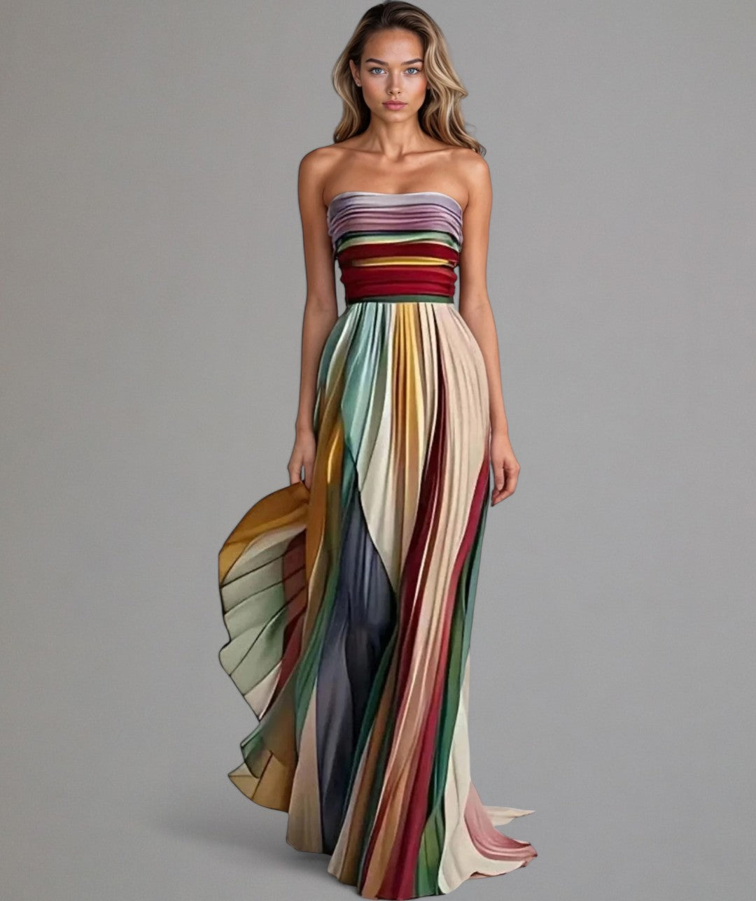 Ava - Multicolor strapless pleated maxi dress