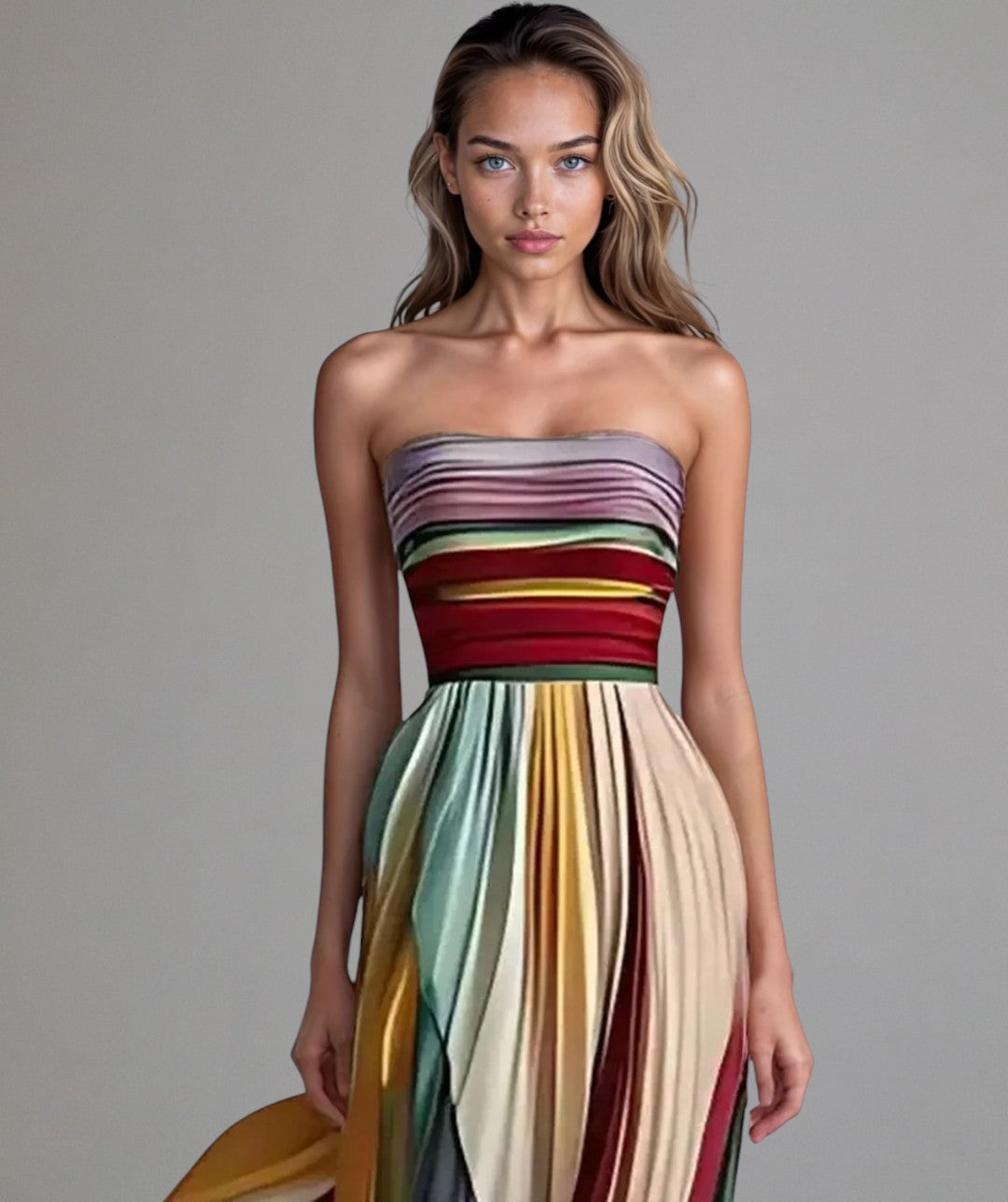 Ava - Multicolor strapless pleated maxi dress